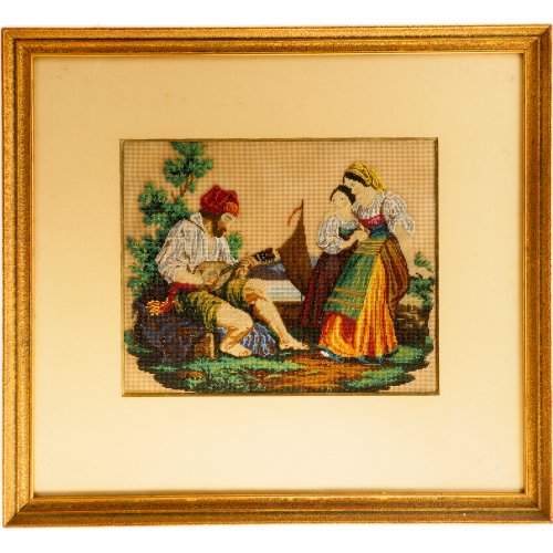 Beaded painting with musician and women, 2nd half of the 19th century
