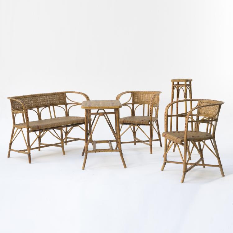 Hauptbild zu Objekt, Bench, 2 armchairs, table, flower stand, 1940s, Italien, 157B 249