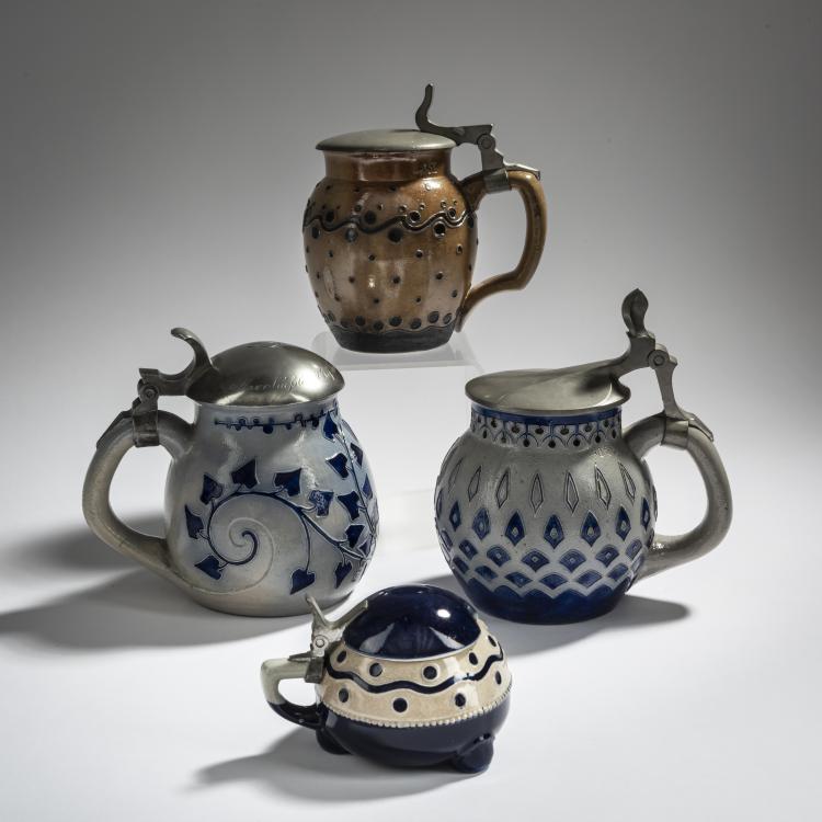 Hauptbild zu Objekt, 3 beer steins, c. 1902 and a mustard pot, after 1912, Richard Riemerschmid, Merkelbach, Reinhold, Grenzhausen, 156C 616