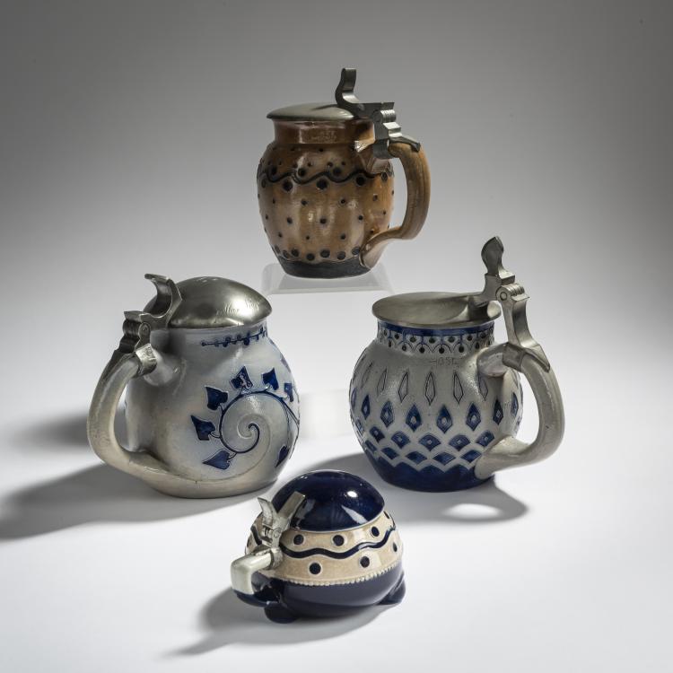 Bild 1 zu Objekt, 3 beer steins, c. 1902 and a mustard pot, after 1912, Richard Riemerschmid, Merkelbach, Reinhold, Grenzhausen, 156C 616