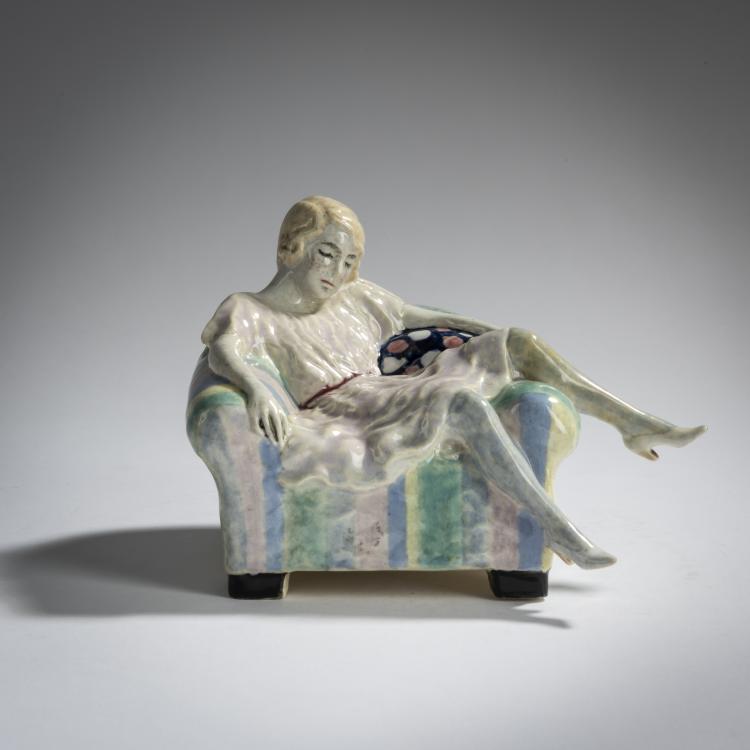 Hauptbild zu Objekt, 'Young girl lounging on an armchair', c. 1920, Eduard Klablena, Langenzersdorfer Keramik, 156D 841