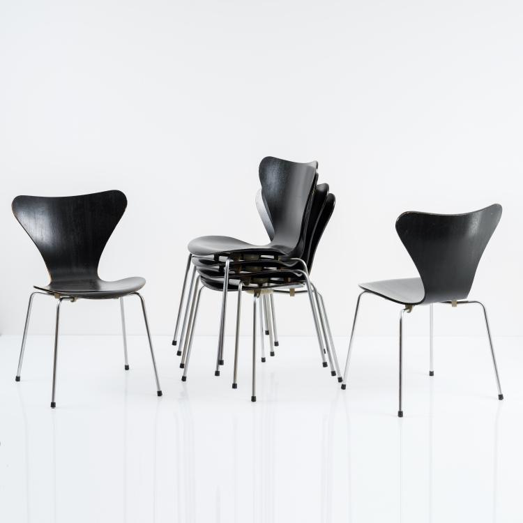 Hauptbild zu Objekt, 6 '3107' chairs, 1955, Arne Jacobsen, Fritz Hansen, Aller&oslash;d, 157B 297