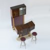 Bar shelf and counter, 2 bar stools, c. 1955