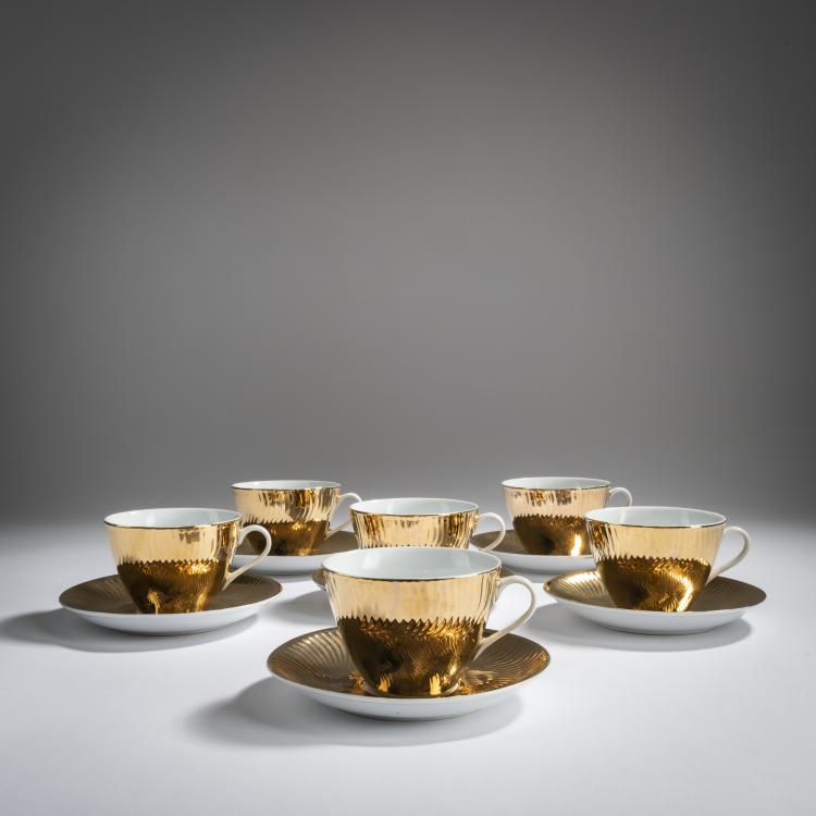 Hauptbild zu Objekt, 6 coffee cups with saucers 'Oro', 1960s, Piero Fornasetti, Fornasett, Mailand, 158A 201