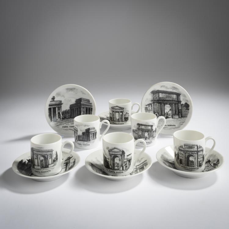 Hauptbild zu Objekt, Sechs Espressotassen mit Untertassen 'Porte di Milano', 1970er Jahre, Piero Fornasetti, Fornasetti, Mailand, 158A 202