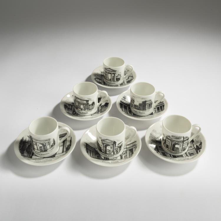 Bild 1 zu Objekt, Sechs Espressotassen mit Untertassen 'Porte di Milano', 1970er Jahre, Piero Fornasetti, Fornasetti, Mailand, 158A 202