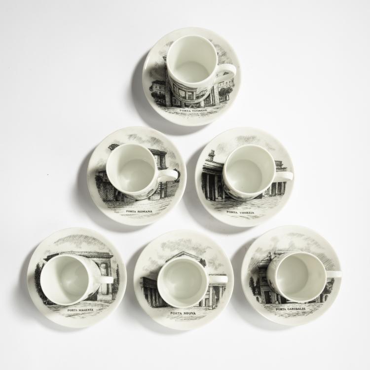 Bild 2 zu Objekt, Sechs Espressotassen mit Untertassen 'Porte di Milano', 1970er Jahre, Piero Fornasetti, Fornasetti, Mailand, 158A 202
