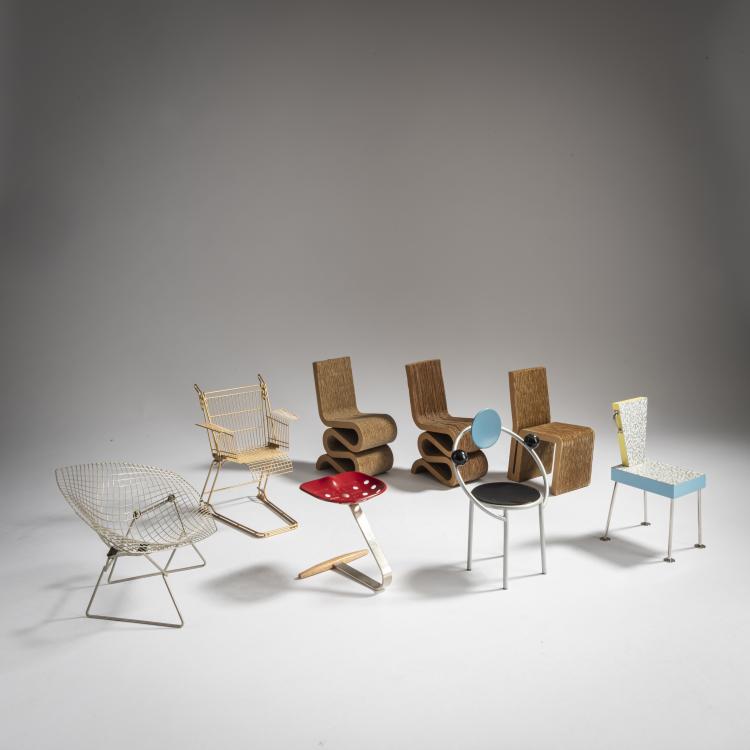 Hauptbild zu Objekt, 8 miniature seating furniture, Harry Bertoia,Achille Castiglioni,Michele De Lucchi,Frank O. Gehry,Ettore Sottsass,Frank Schreiner - Stiletto,Pier Giacomo Castiglioni, Vitra Design, Weil am Rhein, 160B 287