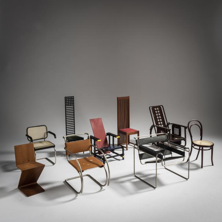 Hauptbild zu Objekt, 9 miniature seating furniture, Marcel Breuer,Josef Hoffmann,Charles Rennie Mackintosh,Ludwig Mies van der Rohe,Gerrit Rietveld,Michael Thonet,Frank Lloyd Wright, Vitra Design, Weil am Rhein, 160B 291