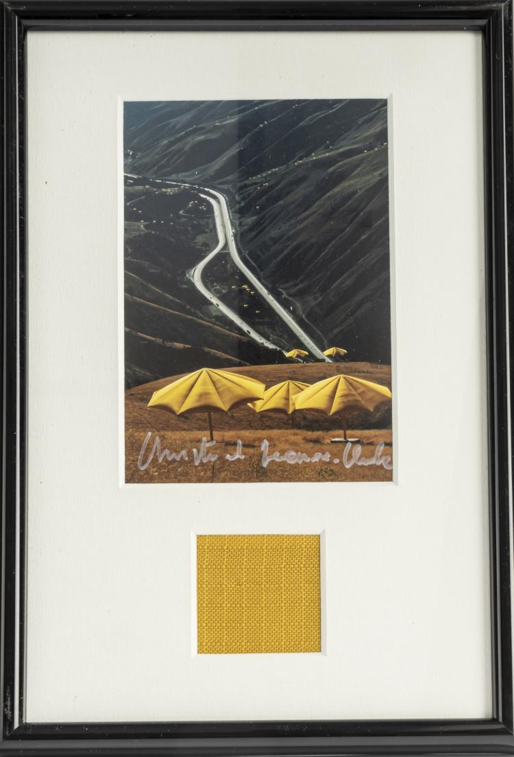 Hauptbild zu Objekt, Postcard and fabric sample from 'The Umbrellas Japan &mdash; USA, 1984&ndash;91, California Site', 1991,  Christo und Jeanne Claude, 160C 571