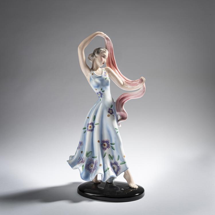 Hauptbild zu Objekt, 'Young lady in a summer dress, dancing with a scarf', c. 1939, Claire Herczeg-Weiss, Goldscheider, Wien, 161E 1235