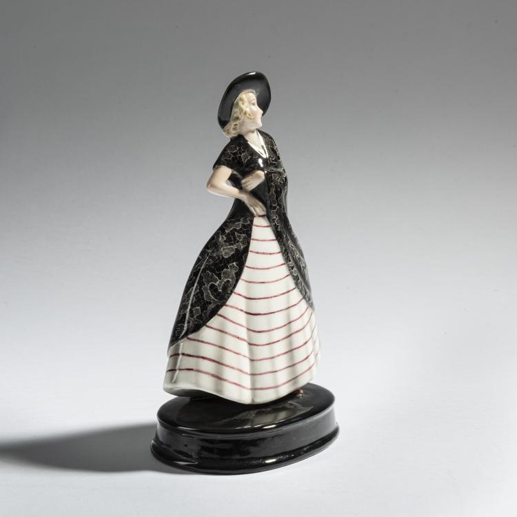 Bild 1 zu Objekt, 'Stehende Dame mit Hut, langem Kleid und Spitzenumhang', um 1935, Stephan Dakon, Goldscheider, Wien, 161E 1234