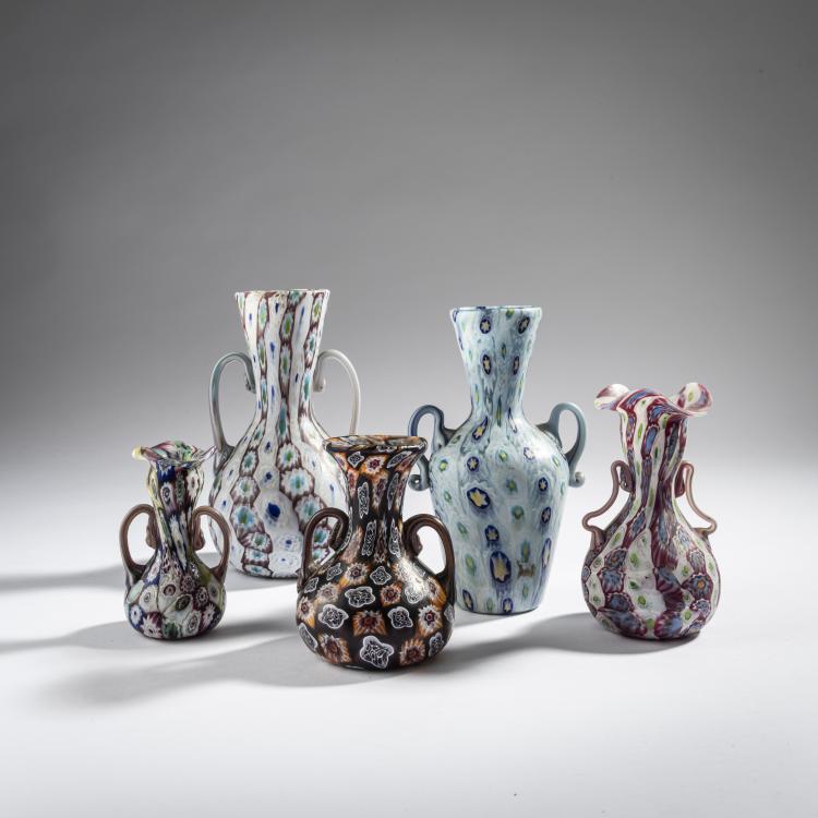 Hauptbild zu Objekt, 5  'Murrine' vases with handle, c. 1905, Toso, Fratelli, Murano, 161B 238