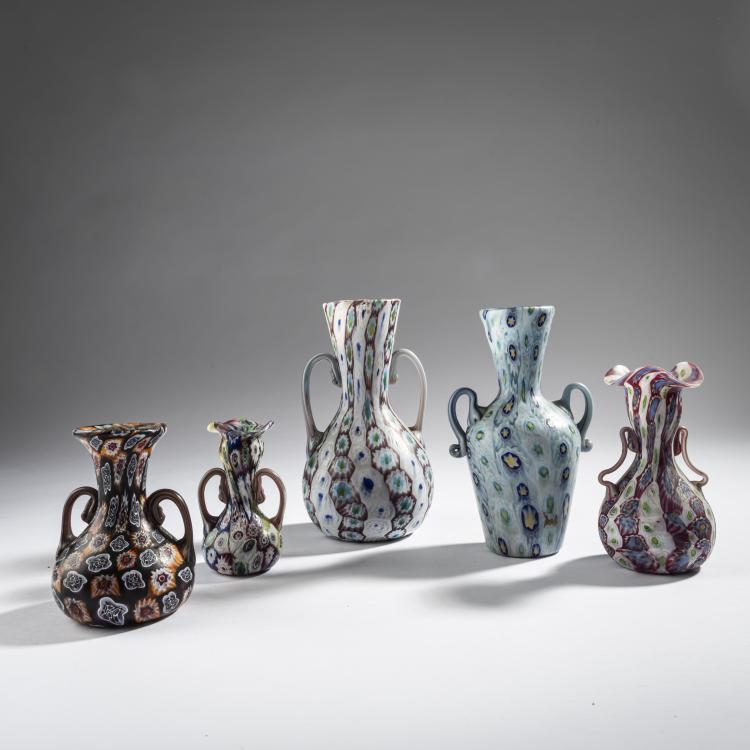 Bild 1 zu Objekt, 5  'Murrine' vases with handle, c. 1905, Toso, Fratelli, Murano, 161B 238