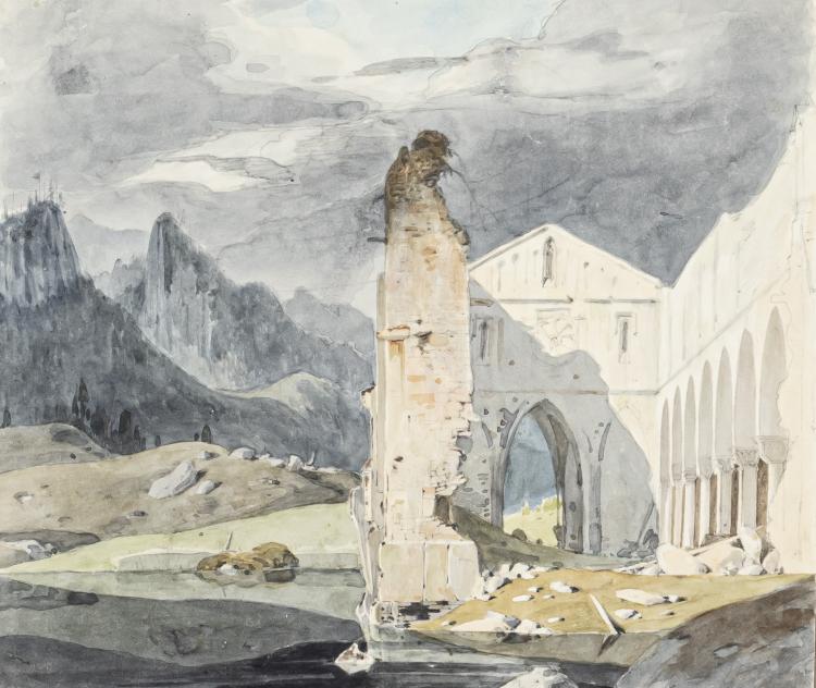 Hauptbild zu Objekt, Church ruin in front of a mountain scenery, c. 1830, Ernst Ferdinand &Ouml;hme (attributed), 163F 1091