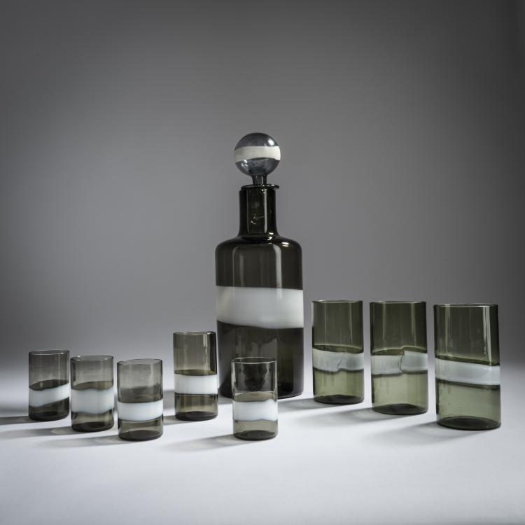Hauptbild zu Objekt, 'A fasce' bottle with stopper and eight glasses, c. 1955, Fulvio Bianconi, Venini & C., Murano, 164C 576