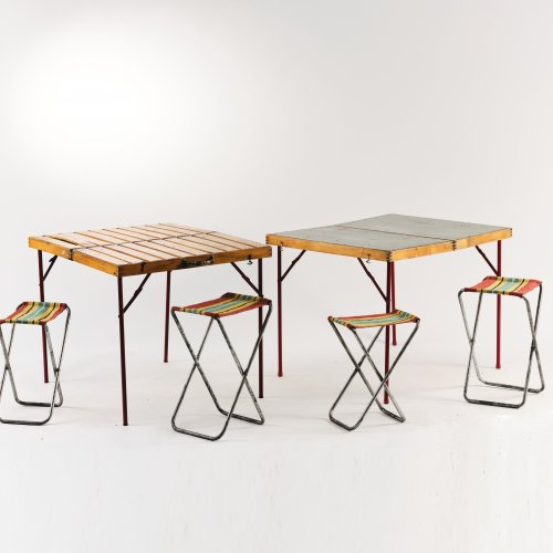 2 camping tables, each with 2 stools, c. 1955