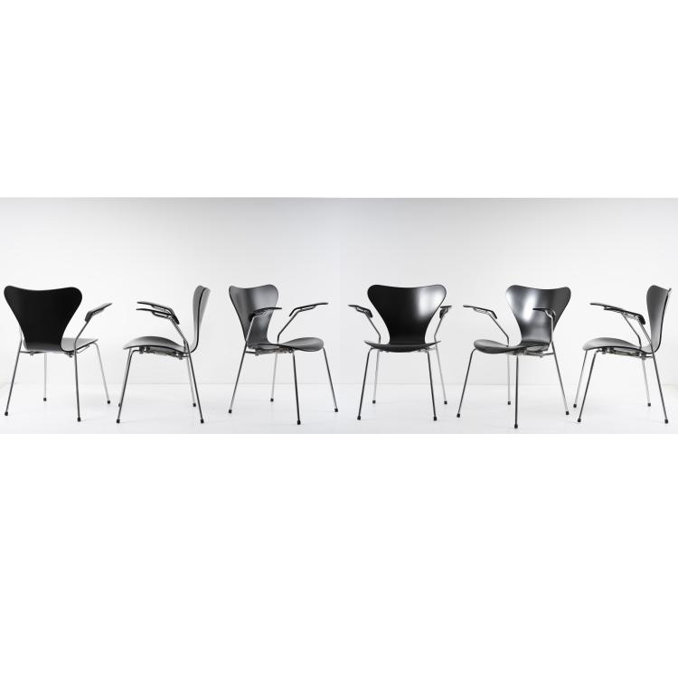 Hauptbild zu Objekt, 6 '3207' stacking chairs with armrests, 1955, Arne Jacobsen, Fritz Hansen, Aller&oslash;d, 164B 417