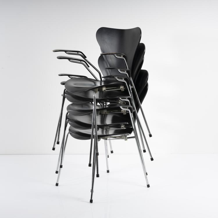 Bild 1 zu Objekt, 6 '3207' stacking chairs with armrests, 1955, Arne Jacobsen, Fritz Hansen, Aller&oslash;d, 164B 417
