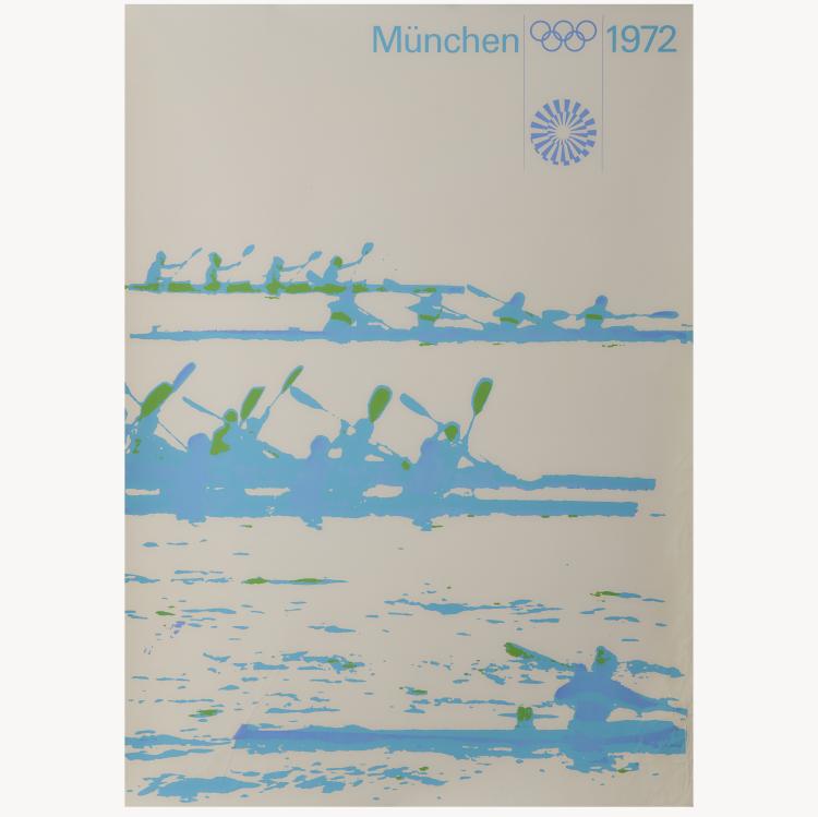 Bild 1 zu Objekt, Two test prints Munich Olympic Games: canoe racing light blue and canoe racing white, around 1970, Otl Aicher, 166B 275