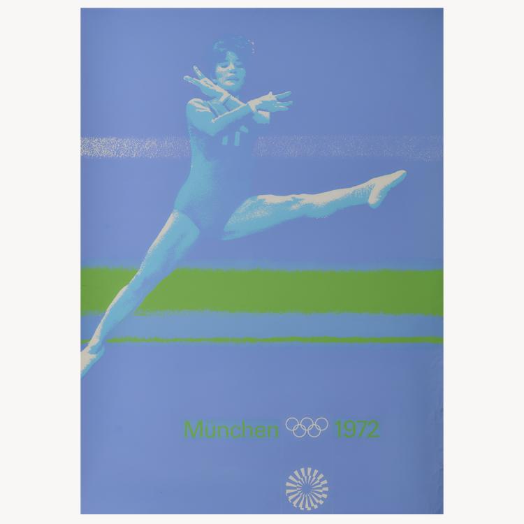Hauptbild zu Objekt, Poster Olympic Games Munich: gymnastics blue and test print Olympic Games Munich: gymnastics green, around 1970, Otl Aicher,Rolf M&uuml;ller, 166B 281