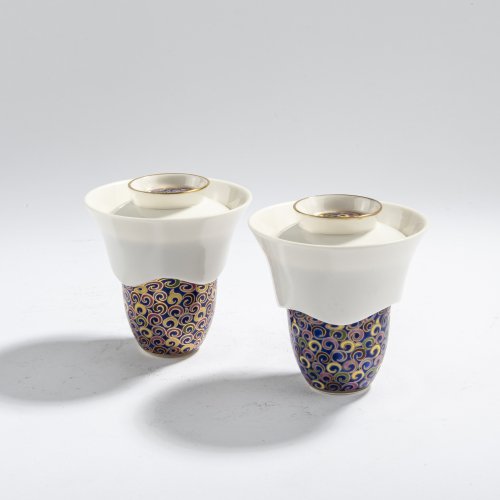 Two 'Aime' cups with saucers/lids, c. 1989