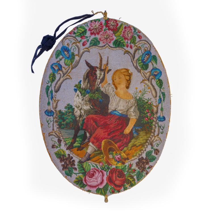 Hauptbild zu Objekt, Bead picture with a girl and a billy goat, 1st half of the 19th century., 167O 26