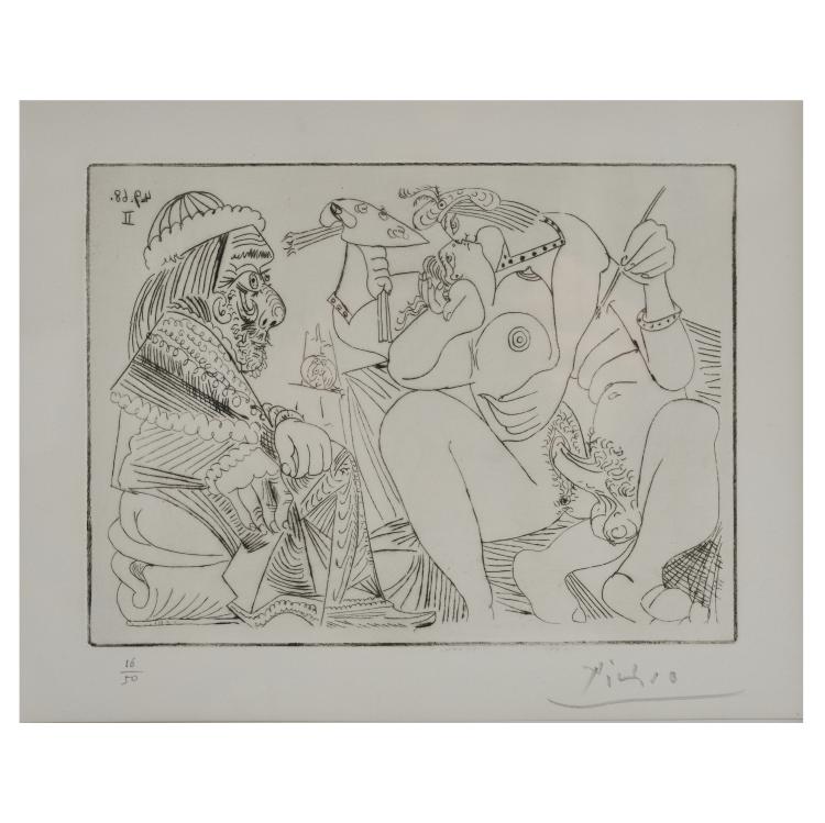 Hauptbild zu Objekt, 'Rapha&euml;l et la Fornarina XVI: le Pape est toujours sur son pot songeur' (Tafel 311 aus der Serie 347), 1968, Pablo Picasso, 169E 1004