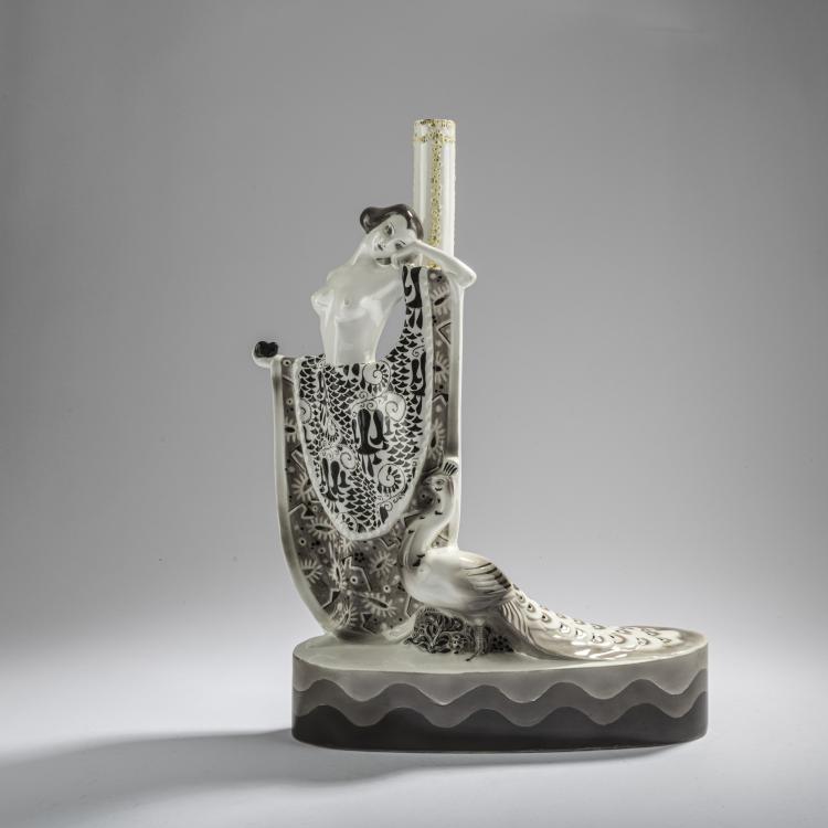 Hauptbild zu Objekt, Figurative table lamp base 'Juno with peacock', 1913/14, Goldscheider, Wien, 168C 579
