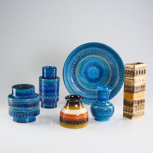 Fünf Vasen und ein Teller aus der Serie 'Rimini blu', 1950er Jahre