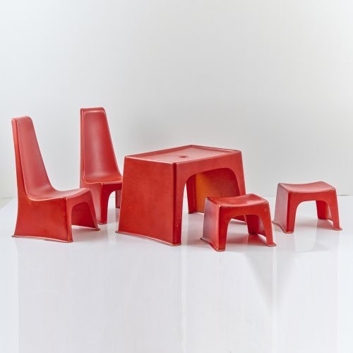 Two chairs, two stools, table, c. 1966