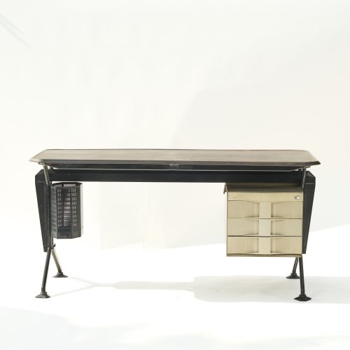 'Arco' desk with clamp light and paper basket, 1963