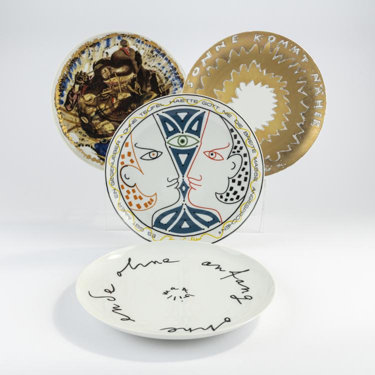 Hauptbild zu Objekt, Vier K&uuml;nstlerteller Rosenthal, 1974 - 1978, Max Bill,Jean Cocteau,Salvador Dal&iacute;,Otto Piene, Rosenthal sudio-linie, 172C 415