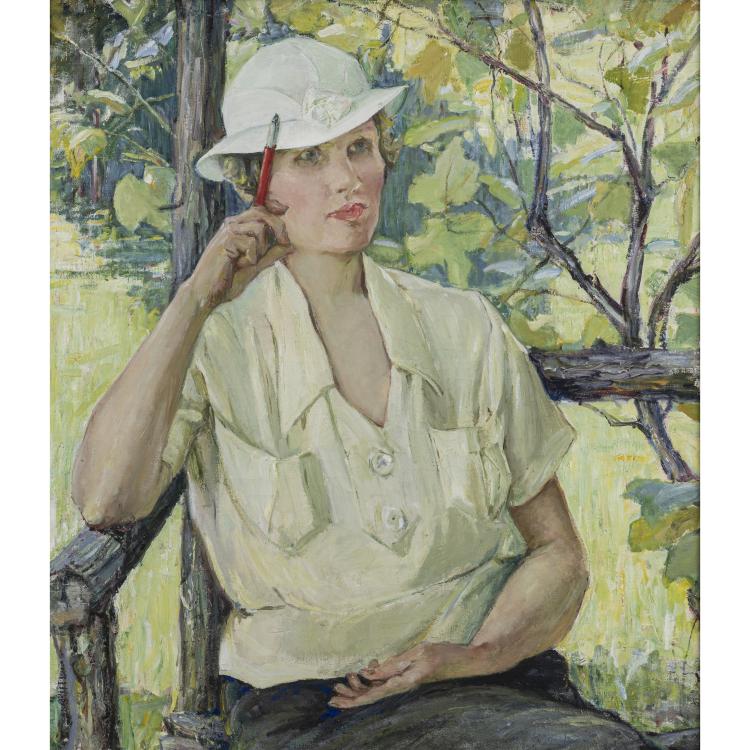 Hauptbild zu Objekt, 'Portrait of a Woman on a Bench in a Grape Arbor', um 1920, Agnes Millen Richmond, 172C 409