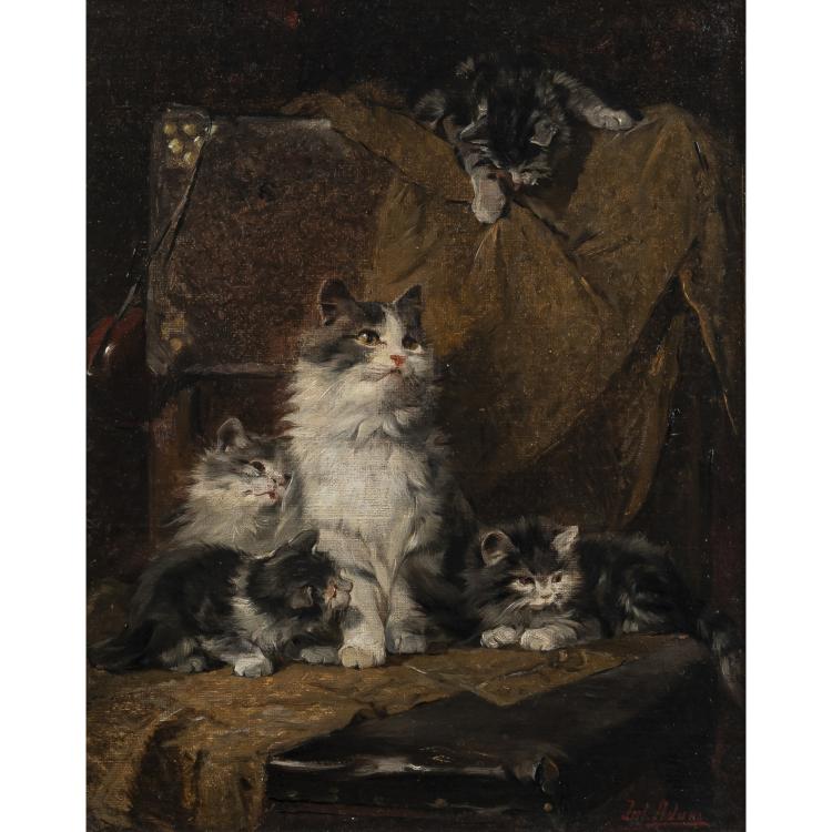 Hauptbild zu Objekt, Katze mit vier Jungen auf einem Stuhl, 2. H&auml;lfte 19. Jh., Julius II Adam, 172C 385