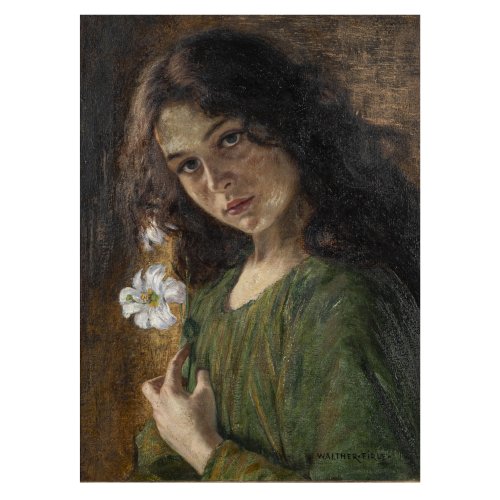 Young girl with flowers, around 1900