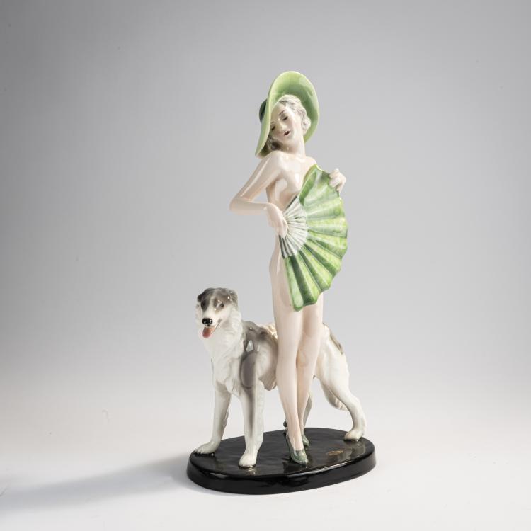 Hauptbild zu Objekt, 'Standing female nude with large fan, hat and Borzoi', 1936/37, Josef Lorenzl, Goldscheider, 171B 386