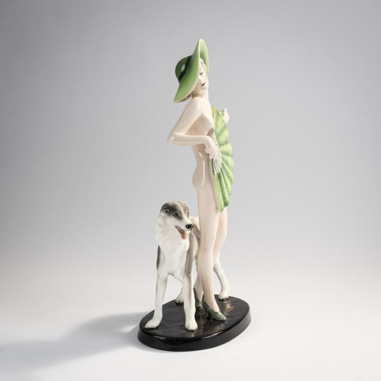 Bild 1 zu Objekt, 'Standing female nude with large fan, hat and Borzoi', 1936/37, Josef Lorenzl, Goldscheider, 171B 386