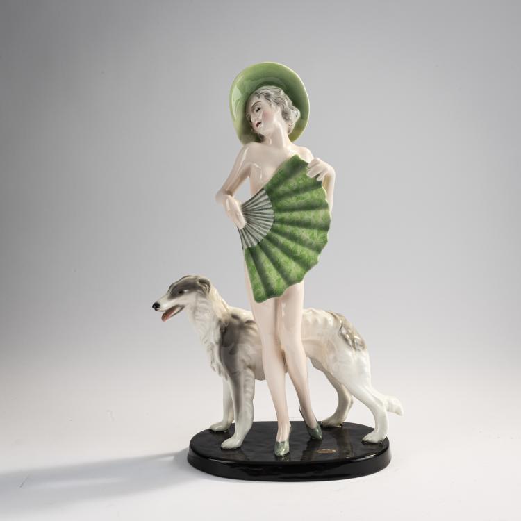 Bild 4 zu Objekt, 'Standing female nude with large fan, hat and Borzoi', 1936/37, Josef Lorenzl, Goldscheider, 171B 386