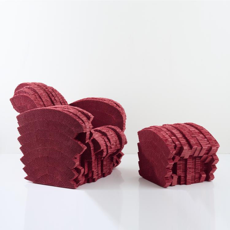 Hauptbild zu Objekt, 'Red Beaver' armchair with ottoman, 1980, Frank O. Gehry, Vitra, Birsfelden, 172A 192