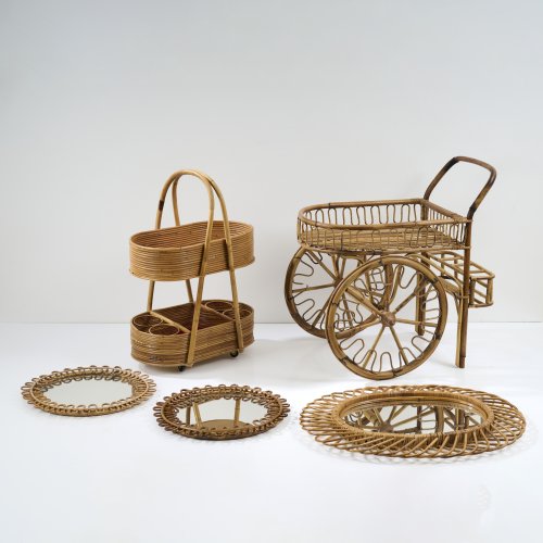 Serving cart, serving table and three wall mirrors, c. 1958