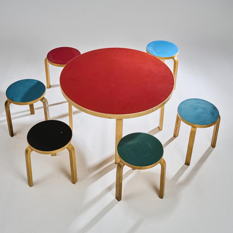 Bild 1 zu Objekt, Table with six '60' stools, 1933, Alvar Aalto, Artek, Helsinki, 172B 239