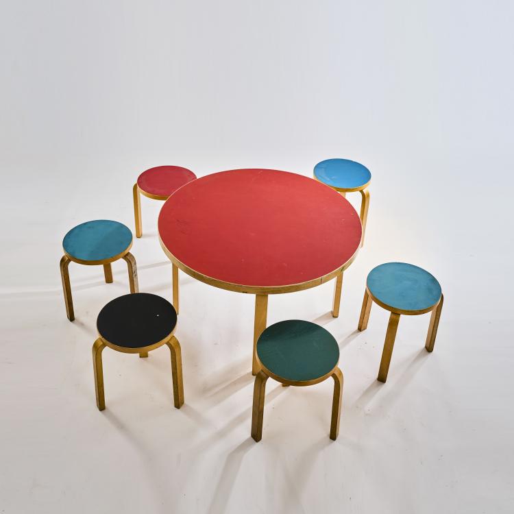 Bild 2 zu Objekt, Table with six '60' stools, 1933, Alvar Aalto, Artek, Helsinki, 172B 239