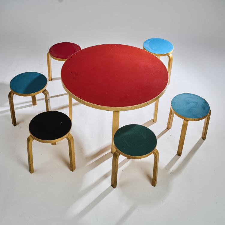 Bild 3 zu Objekt, Table with six '60' stools, 1933, Alvar Aalto, Artek, Helsinki, 172B 239