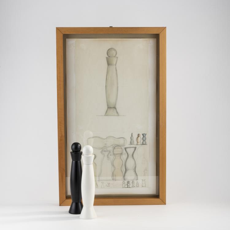 Hauptbild zu Objekt, Two pepper mills 'MP 601/w' and 'MP 601/b' with sketch, 1989, Aldo Cibic, Alessi Twergi, Crusinallo, 173A 216