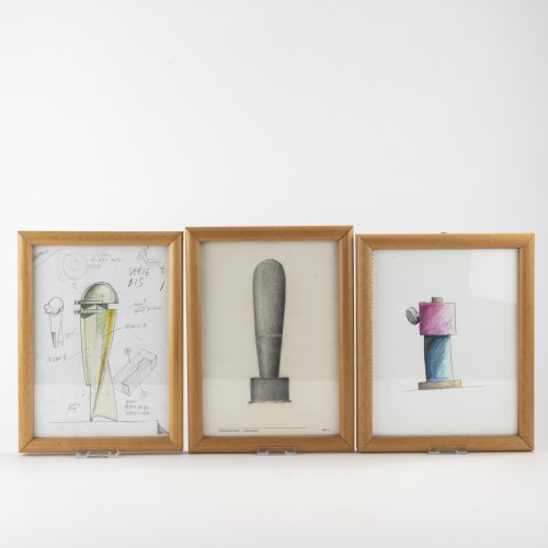 Three design drawings for pepper mills, c. 1989