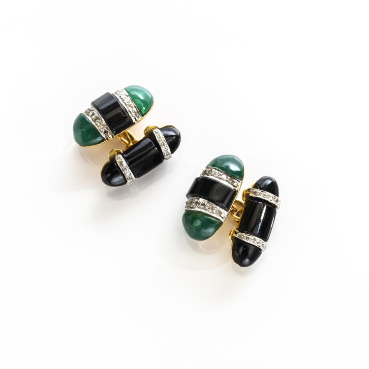 Hauptbild zu Objekt, Pair of stylish chrysoprase and onyx cufflinks, 172E 672