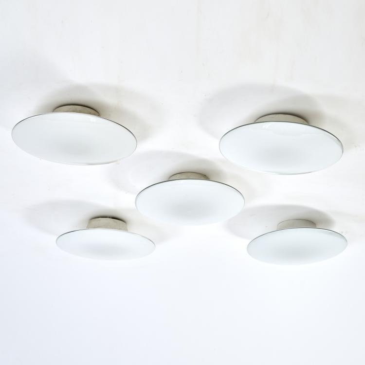 Bild 1 zu Objekt, F&uuml;nf Wand- /Deckenleuchten 'Eklipta', 1959, Arne Jacobsen, Poulsen, Louis, Kopenhagen; Orno Oy, Finnland, 174B 620