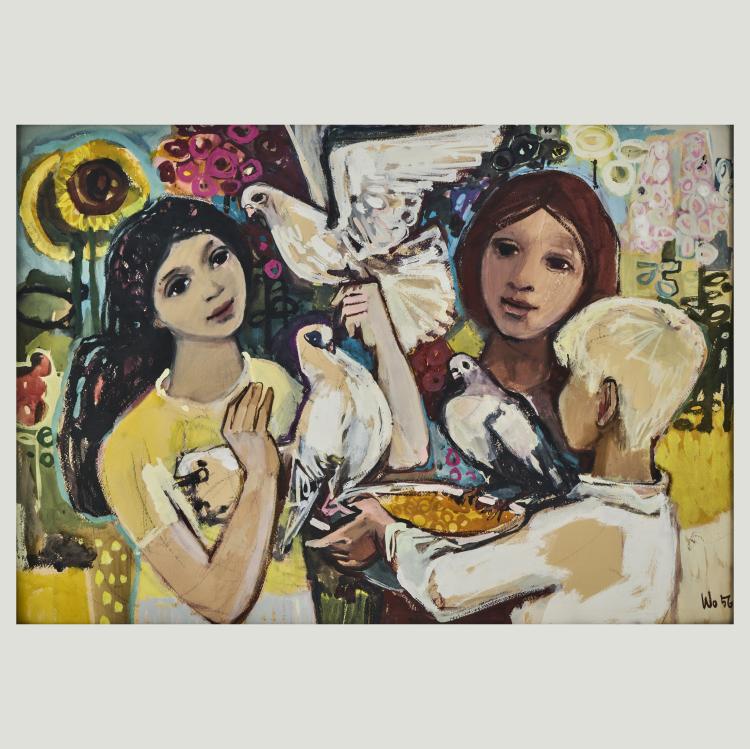 Hauptbild zu Objekt, Kinder mit Blumen und Tauben, 1956, Walter Womacka, 173D 823