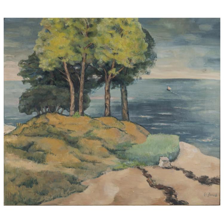 Hauptbild zu Objekt, D&uuml;nenlandschaft mit Segelboot, wohl um 1950, 173D 825